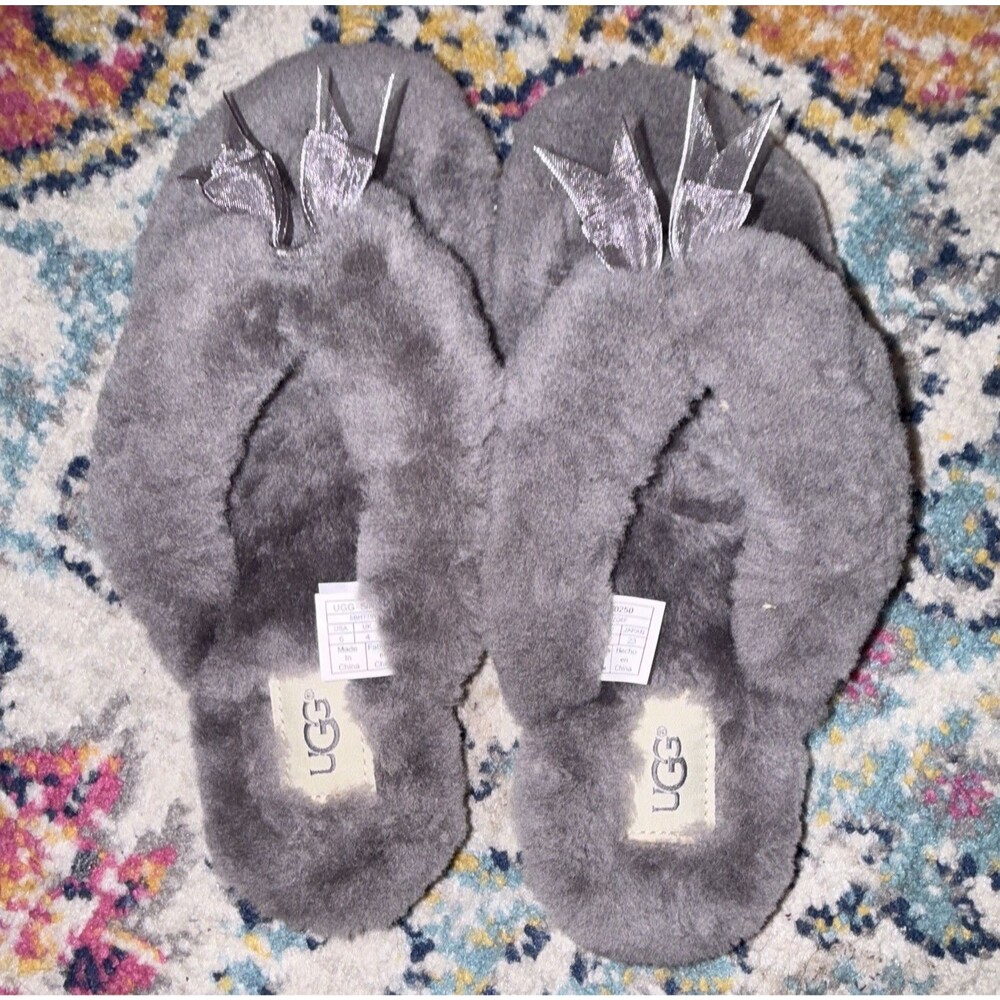 UGG Women’s Gray Fur Thong Open Toe Slip-On Slipper Bow US 6 585HTT